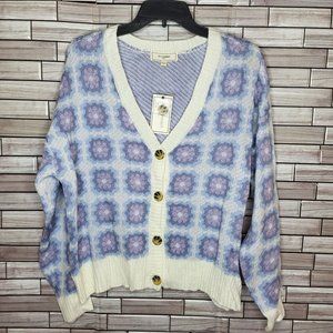 New Womens‎ No Comment Button Sweater Size Large Blue White Long Sleeve Cardigan